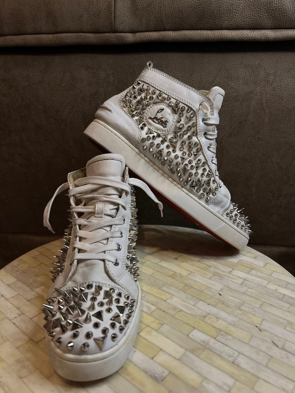 Christian Louboutin "Lou Pik Pik" White Leather High-Top Sneakers - Picture 1 of 7